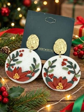 Christmas Red Floral Dangle Drop Earrings
